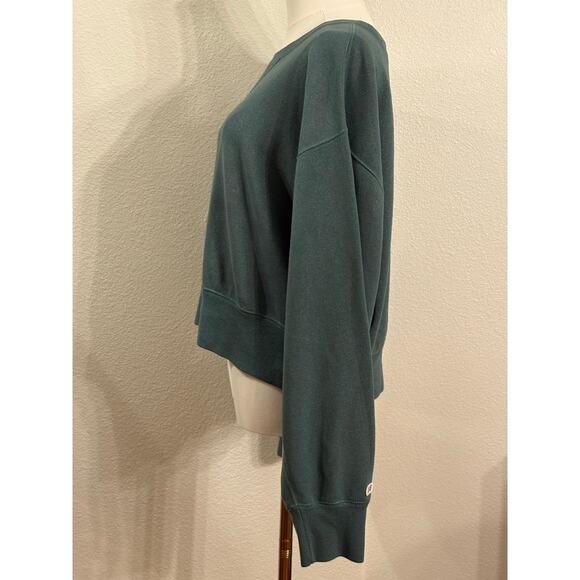 ABERCROMBIE & FITCH Cropped Sweatshirt | Green Shimmer Long Sleeve | LARGE - Picture 4 of 9